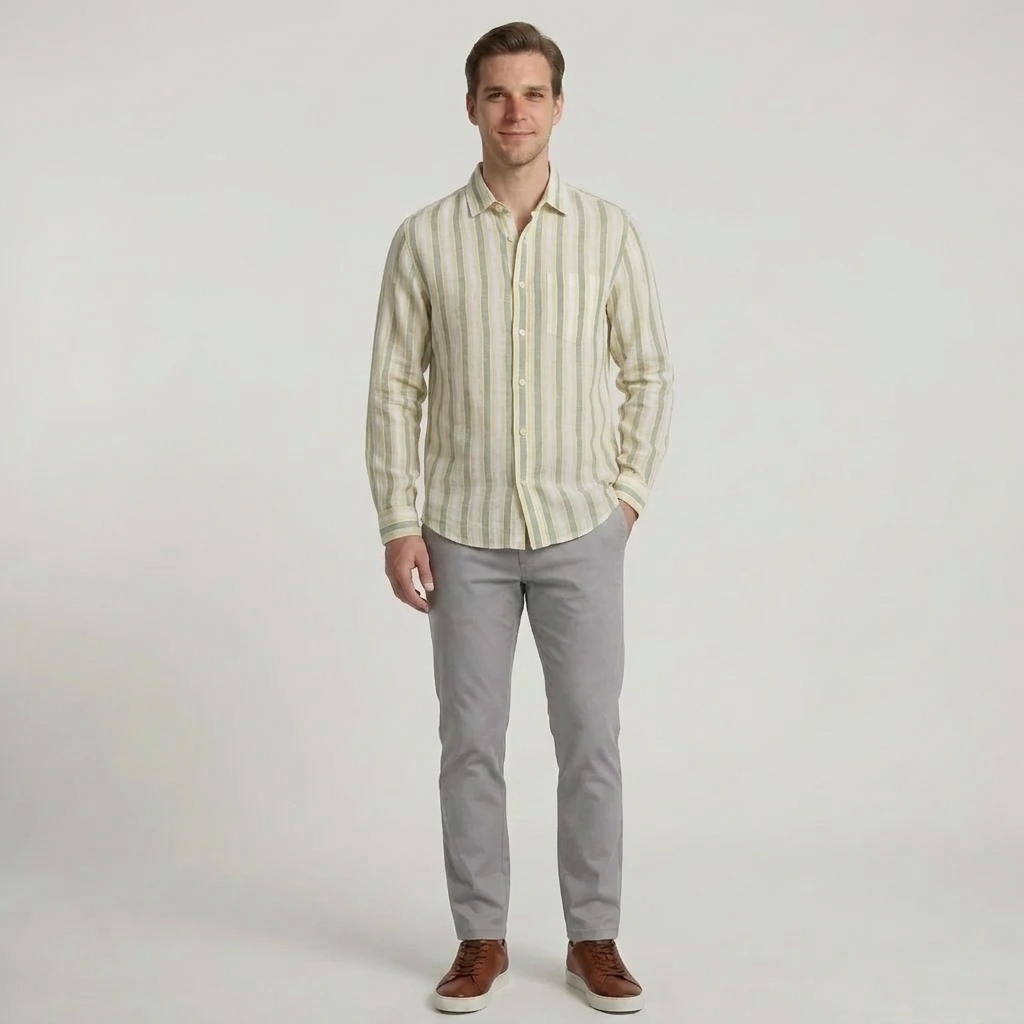 پیراهن آستین بلند مردانه لینن برند H & M مدل رگولار فیت