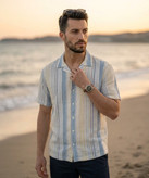 پیراهن آستین کوتاه کنفی ZARA یقه کوبایی طرح راهراه رنگی (آبی و زرد)
