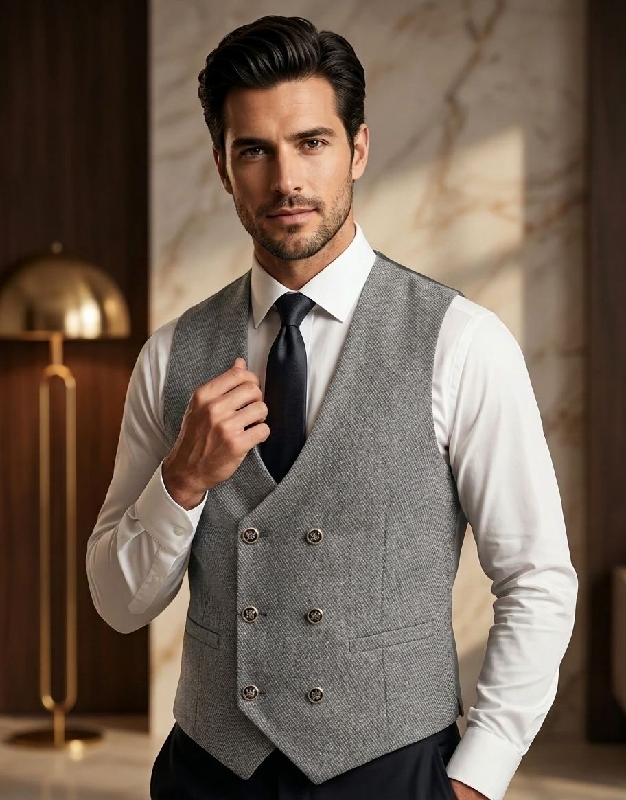 ژیله مردانه GUCCI شش دکمه مدل یقه U  - پارچه تریکو راه‌راه
