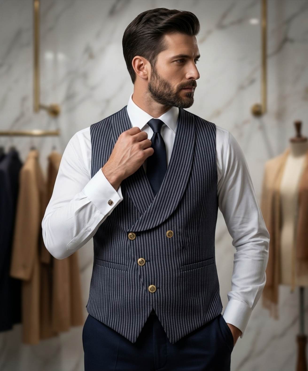 ژیله مردانه GUCCI یقه آرشال ۶ دکمه - پارچه تریکو راه‌راه
